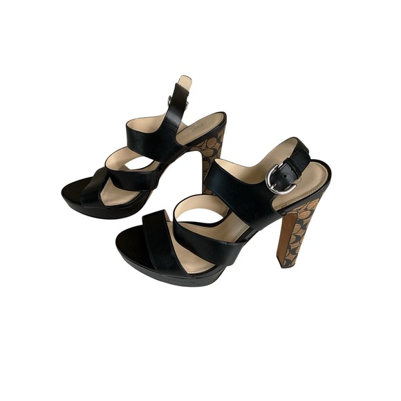 Coach Black Chunky Strappy Leather Bertta Vachetta‎ Platform Heels Monogram Logo - Picture 1 of 14